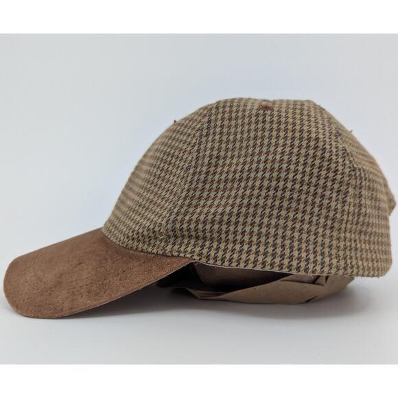 Vintage Houndstooth Baseball Cap w Suede Bill & Adjustable Leather Strap - Picture 3 of 7
